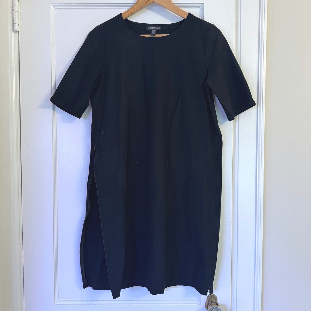 Eileen Fisher Womens Black Heavyweight Stretch Side Zip Shift‎ Dress Small S/P